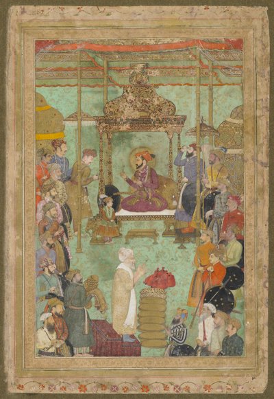 Shah Jahan enthroned with Mahabat Khan and a Shaykh, from the late Shah Jahan Album, detached manuscript folio, 1629-1630 by Mughal School